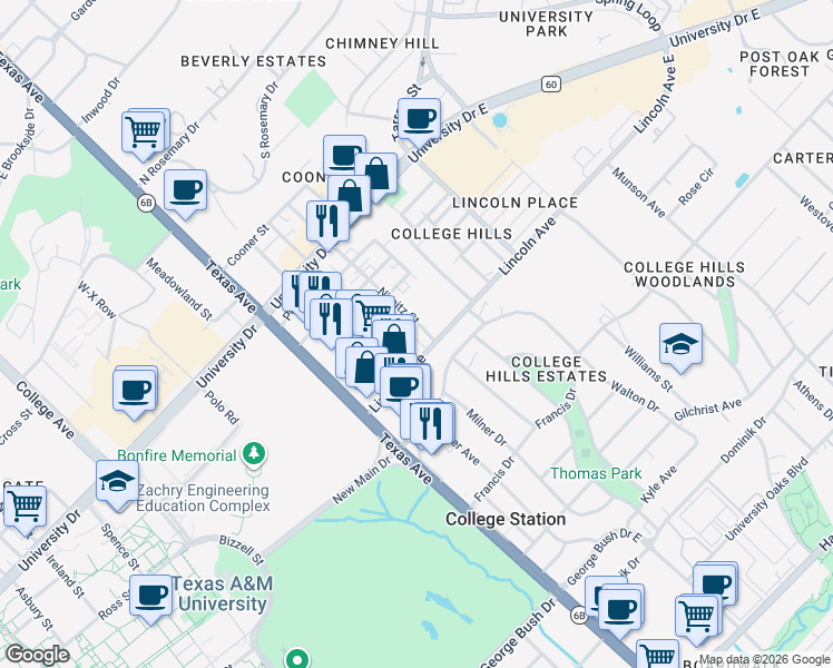 map of restaurants, bars, coffee shops, grocery stores, and more near 828 Nimitz Street in College Station