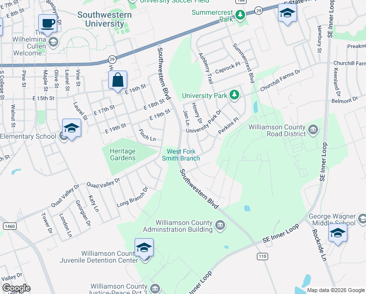 map of restaurants, bars, coffee shops, grocery stores, and more near 2007 Olin Cove in Georgetown