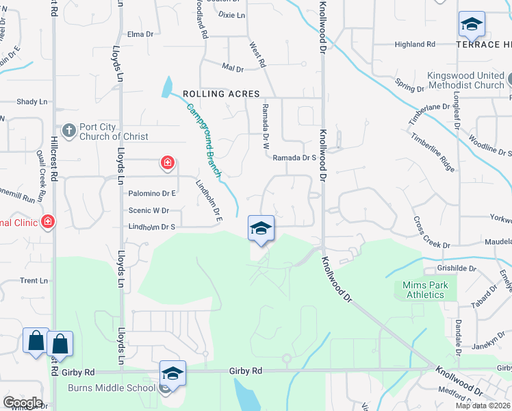 map of restaurants, bars, coffee shops, grocery stores, and more near 3005 Blue Ridge Drive West in Mobile