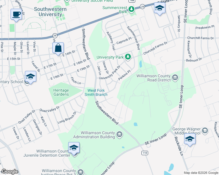 map of restaurants, bars, coffee shops, grocery stores, and more near 2422 McCook Drive in Georgetown
