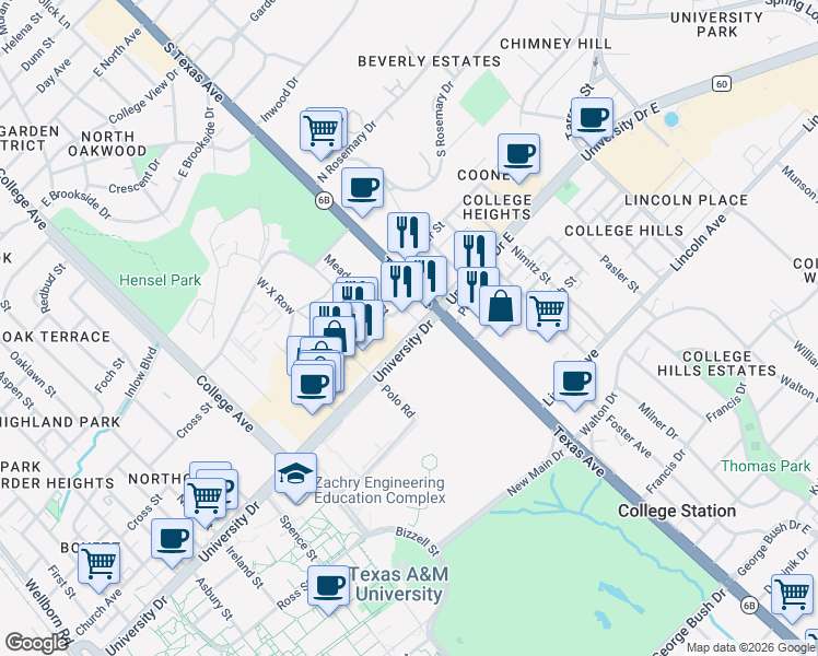 map of restaurants, bars, coffee shops, grocery stores, and more near 424 Northpoint Crossing in College Station