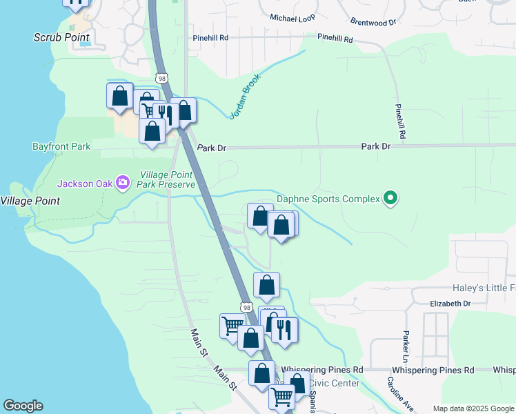 map of restaurants, bars, coffee shops, grocery stores, and more near 57 Summer Oaks Drive in Daphne