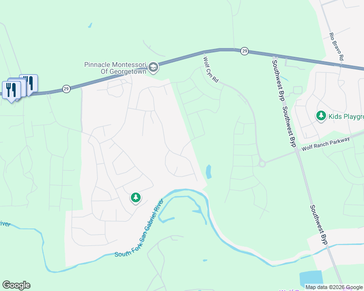 map of restaurants, bars, coffee shops, grocery stores, and more near 2863 West State Highway 29 in Georgetown