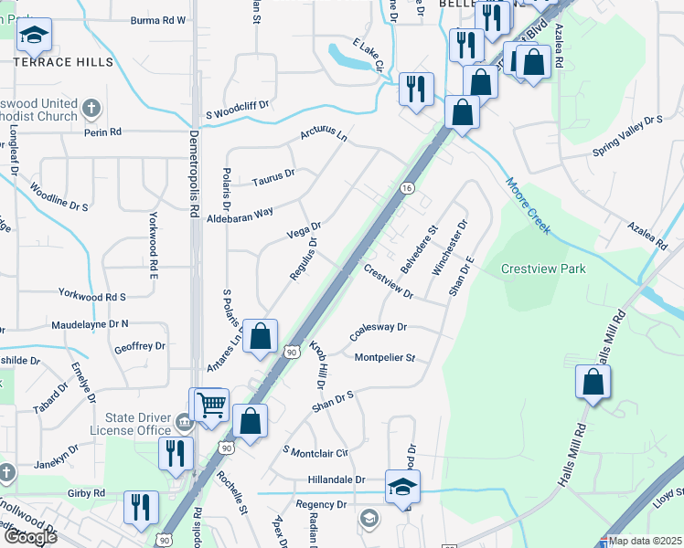 map of restaurants, bars, coffee shops, grocery stores, and more near 4250 Government Boulevard in Mobile