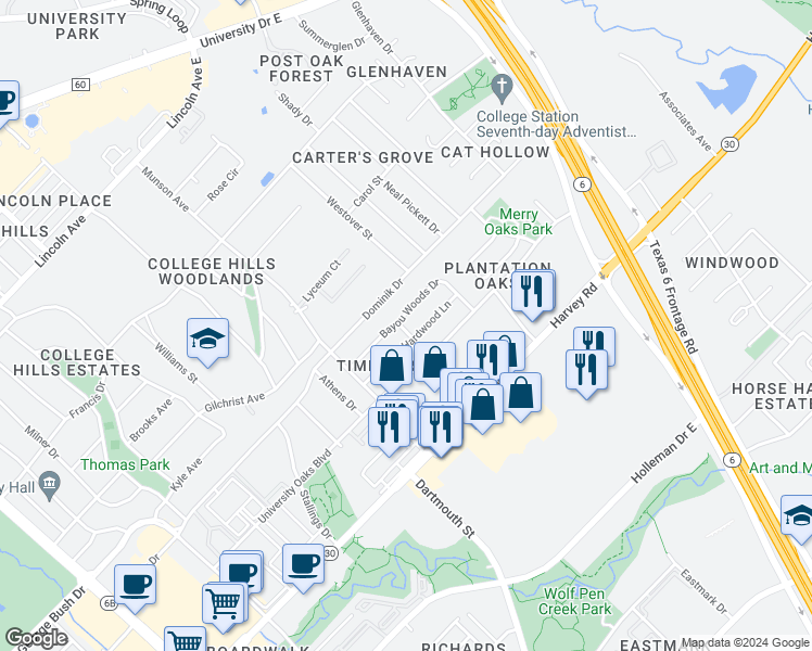 map of restaurants, bars, coffee shops, grocery stores, and more near 1200 Bayou Woods Drive in College Station