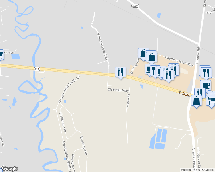 map of restaurants, bars, coffee shops, grocery stores, and more near 85019 Christian Way in Yulee