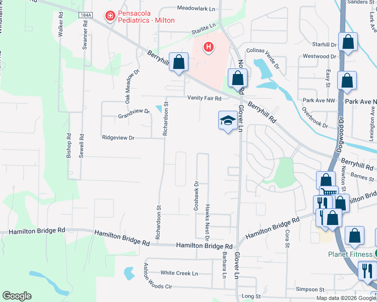 map of restaurants, bars, coffee shops, grocery stores, and more near 5300 Dalton Circle in Milton