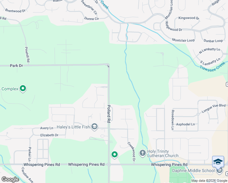map of restaurants, bars, coffee shops, grocery stores, and more near Pollard Road in Daphne