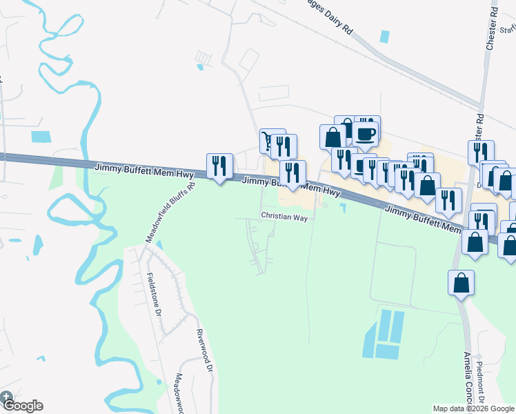 map of restaurants, bars, coffee shops, grocery stores, and more near 85041 Christian Way in Yulee
