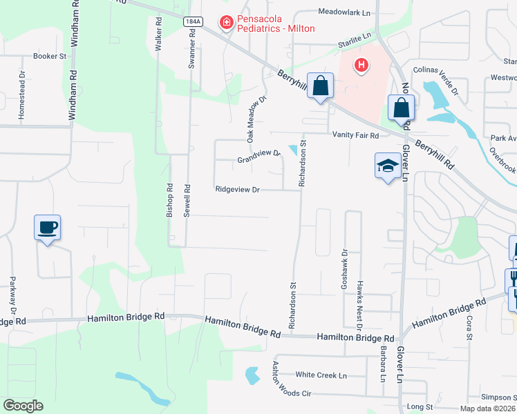 map of restaurants, bars, coffee shops, grocery stores, and more near 5986 Gillum Road in Milton