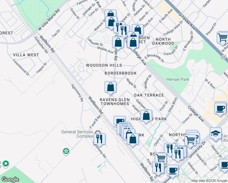 map of restaurants, bars, coffee shops, grocery stores, and more near 4400 Old College Road in Bryan