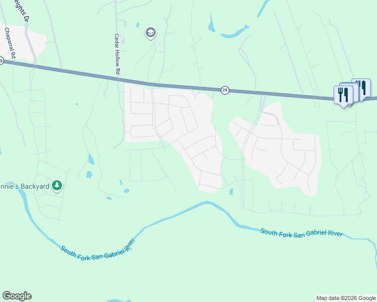 map of restaurants, bars, coffee shops, grocery stores, and more near 153 High Plains Drive in Georgetown