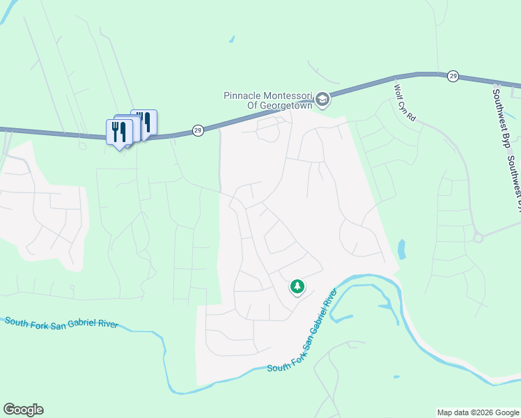 map of restaurants, bars, coffee shops, grocery stores, and more near 1036 Bear Track Loop in Georgetown