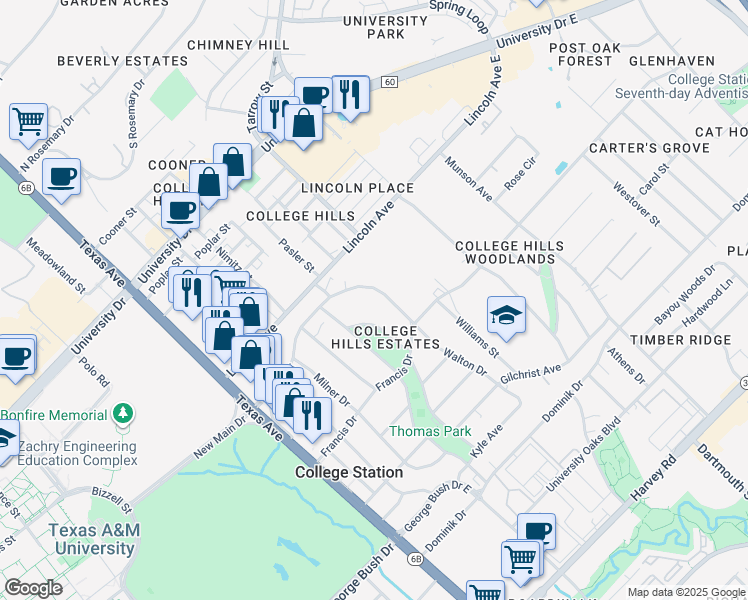 map of restaurants, bars, coffee shops, grocery stores, and more near 1024 Walton Dr in College Station