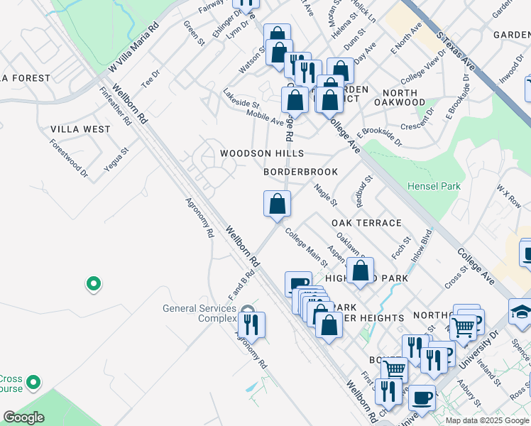 map of restaurants, bars, coffee shops, grocery stores, and more near 4400 Old College Road in Bryan