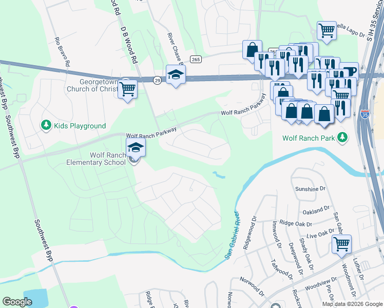 map of restaurants, bars, coffee shops, grocery stores, and more near 252 Arrowhead Mound Road in Georgetown