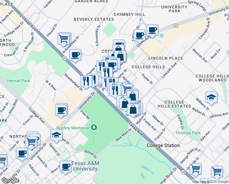 map of restaurants, bars, coffee shops, grocery stores, and more near 707 Texas Avenue in College Station