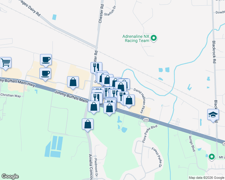 map of restaurants, bars, coffee shops, grocery stores, and more near 463893 State Road 200 in Yulee