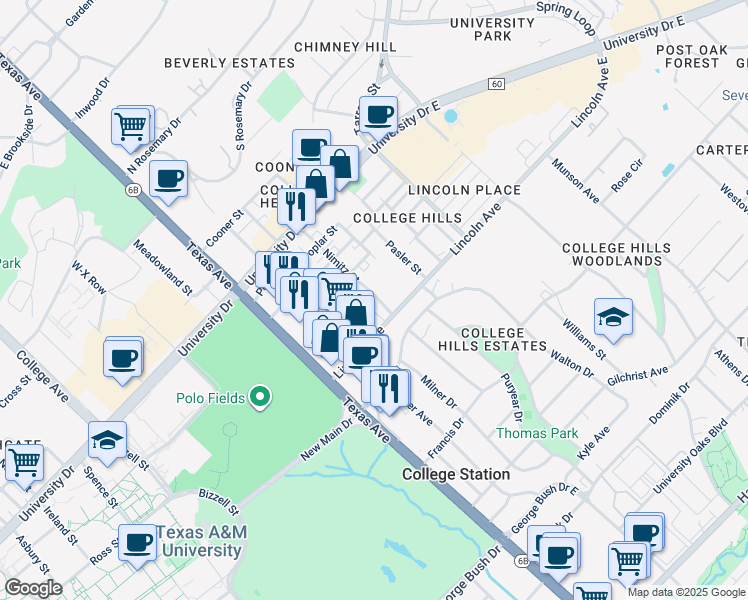 map of restaurants, bars, coffee shops, grocery stores, and more near 818 Nimitz Street in College Station