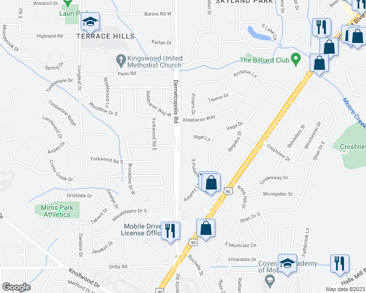 map of restaurants, bars, coffee shops, grocery stores, and more near 3051 Demetropolis Road in Mobile