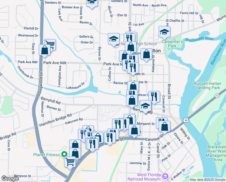 map of restaurants, bars, coffee shops, grocery stores, and more near 5312 Collins Drive in Milton