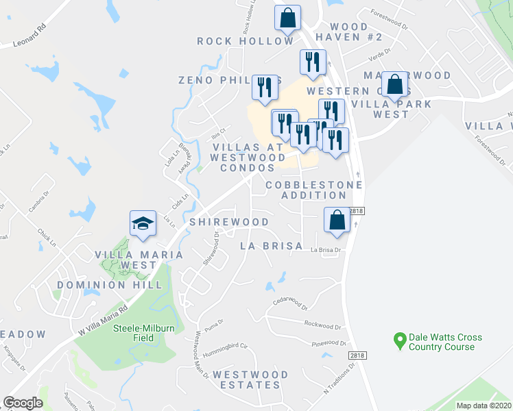 map of restaurants, bars, coffee shops, grocery stores, and more near 2213 Young Place in Bryan