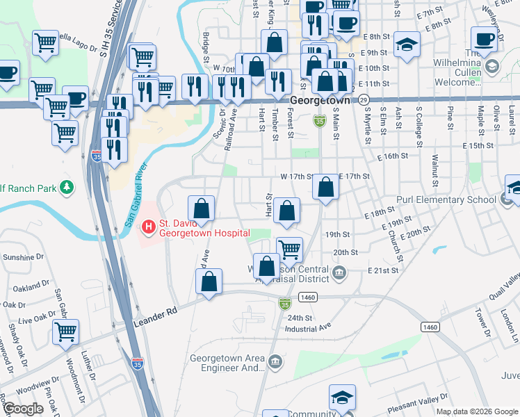 map of restaurants, bars, coffee shops, grocery stores, and more near 1801 Candee Street in Georgetown