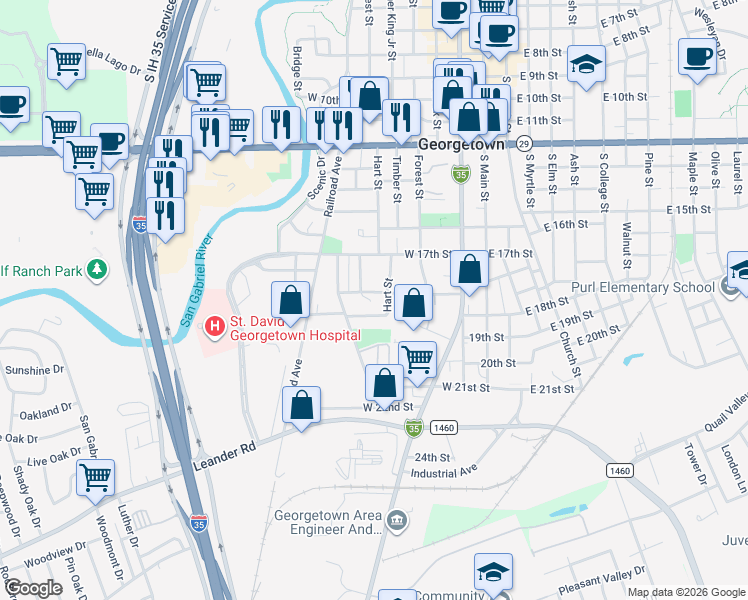 map of restaurants, bars, coffee shops, grocery stores, and more near 1812 Hart Street in Georgetown
