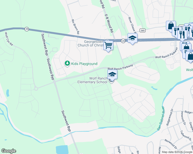 map of restaurants, bars, coffee shops, grocery stores, and more near 108 Blackberry Cove in Georgetown