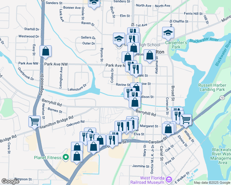 map of restaurants, bars, coffee shops, grocery stores, and more near 5312 Collins Drive in Milton