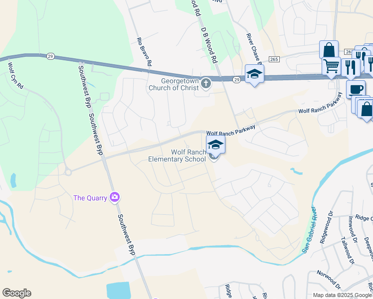 map of restaurants, bars, coffee shops, grocery stores, and more near 108 Blackberry Cove in Georgetown