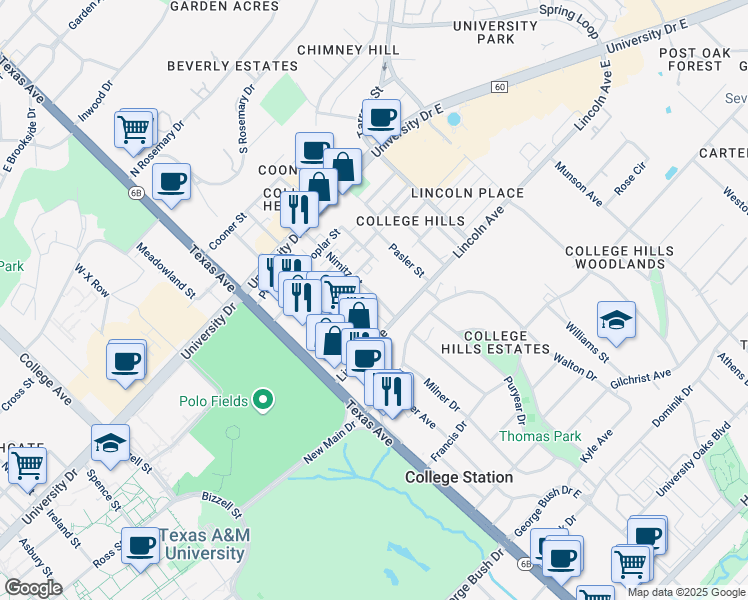 map of restaurants, bars, coffee shops, grocery stores, and more near 816 Nimitz Street in College Station