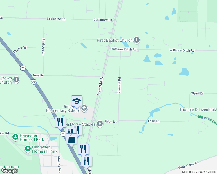 map of restaurants, bars, coffee shops, grocery stores, and more near 1974 Virecent Road in Escambia County