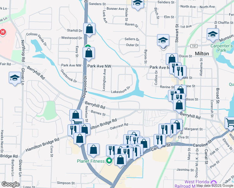 map of restaurants, bars, coffee shops, grocery stores, and more near 6509 Lakeshore Drive in Milton
