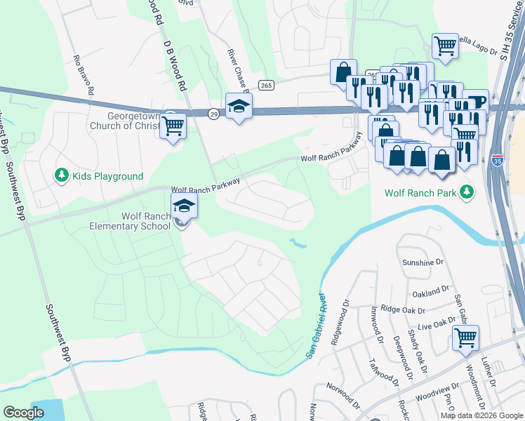 map of restaurants, bars, coffee shops, grocery stores, and more near 252 Arrowhead Mound Road in Georgetown
