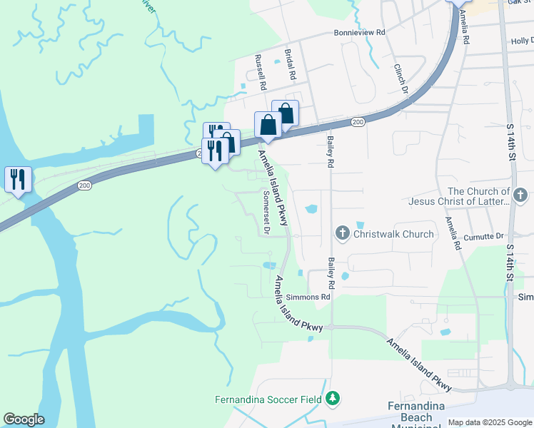 map of restaurants, bars, coffee shops, grocery stores, and more near 101 Riverside Drive in Fernandina Beach