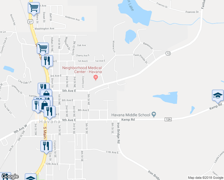 map of restaurants, bars, coffee shops, grocery stores, and more near 61 Falls Lane in Havana