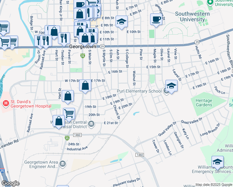 map of restaurants, bars, coffee shops, grocery stores, and more near 307 East 18th Street in Georgetown