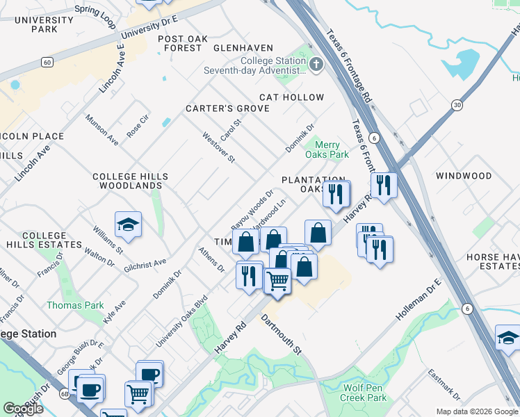 map of restaurants, bars, coffee shops, grocery stores, and more near 1201 Hardwood Lane in College Station