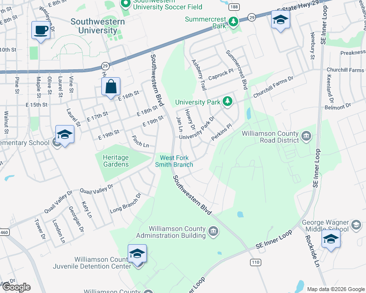 map of restaurants, bars, coffee shops, grocery stores, and more near 2007 Olin Cove in Georgetown