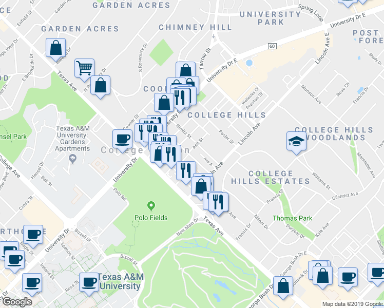 map of restaurants, bars, coffee shops, grocery stores, and more near 301 Lincoln Avenue in College Station
