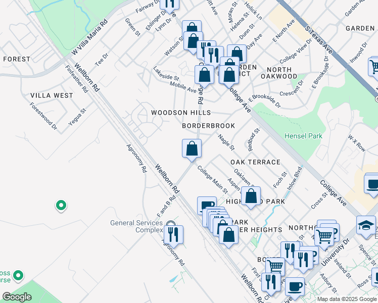 map of restaurants, bars, coffee shops, grocery stores, and more near 4400 Old College Road in Bryan