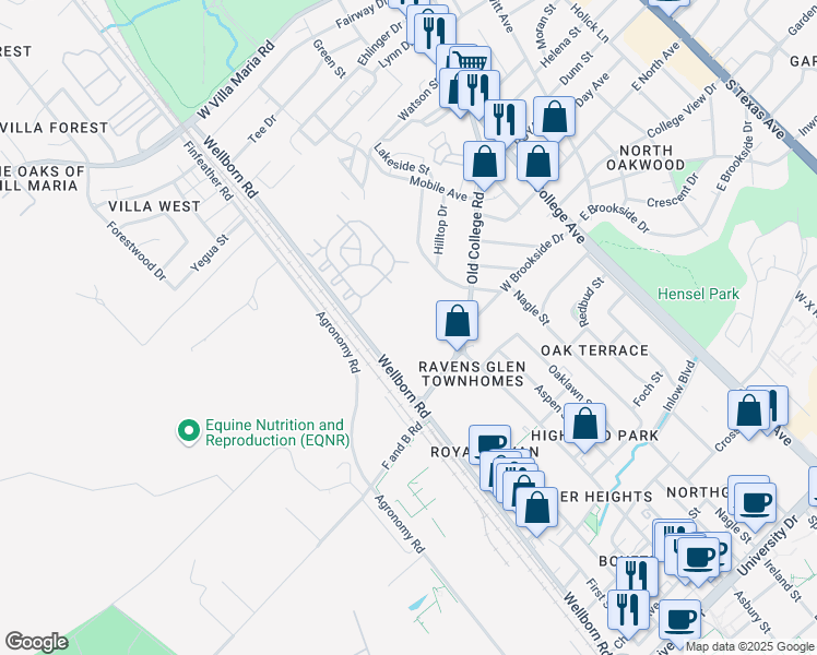 map of restaurants, bars, coffee shops, grocery stores, and more near 3803 Wellborn Road in Bryan