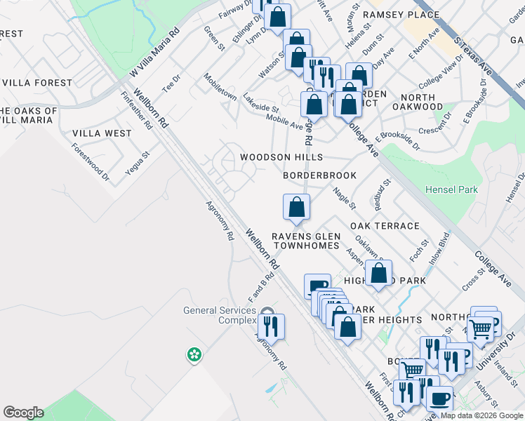 map of restaurants, bars, coffee shops, grocery stores, and more near 3803 Wellborn Road in Bryan
