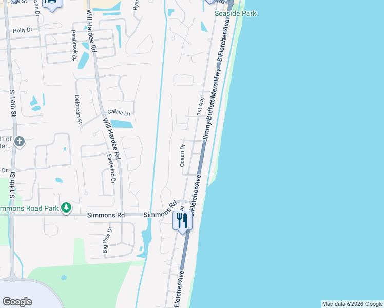 map of restaurants, bars, coffee shops, grocery stores, and more near 1st Avenue in Fernandina Beach