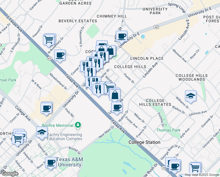 map of restaurants, bars, coffee shops, grocery stores, and more near 300 Ash Street in College Station