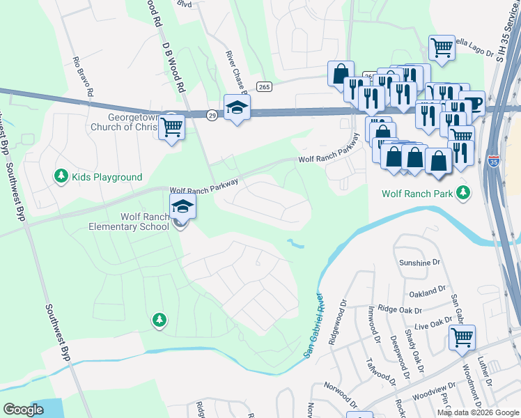 map of restaurants, bars, coffee shops, grocery stores, and more near 237 Arrowhead Mound Road in Georgetown