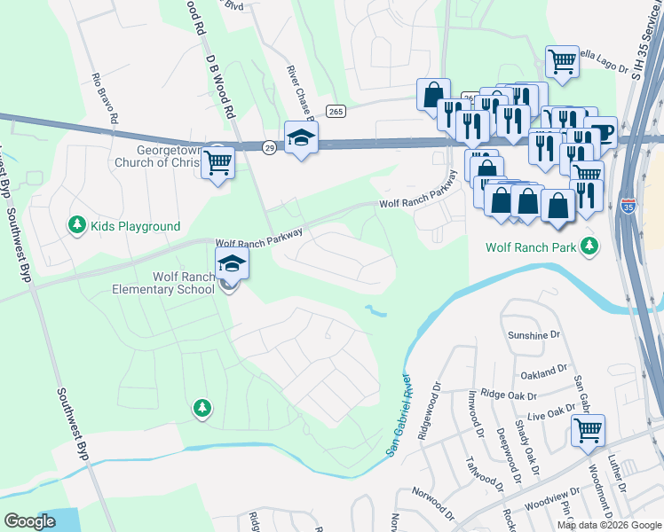 map of restaurants, bars, coffee shops, grocery stores, and more near 237 Arrowhead Mound Road in Georgetown