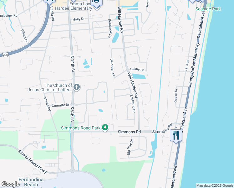 map of restaurants, bars, coffee shops, grocery stores, and more near 1843 Windswept Oak Lane in Fernandina Beach