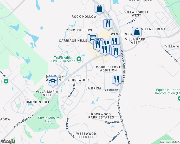 map of restaurants, bars, coffee shops, grocery stores, and more near 2122 Hidden Hollow Circle in Bryan